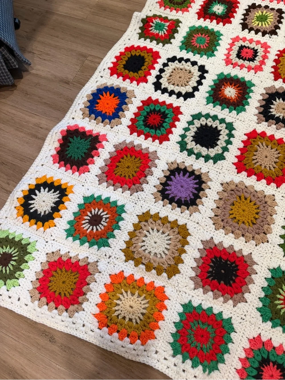 Handmade Multicolor Crochet Granny Square Blanket - White Border